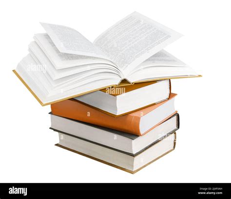 Stack of books and an opened book on top isolated on white Stock Photo ...