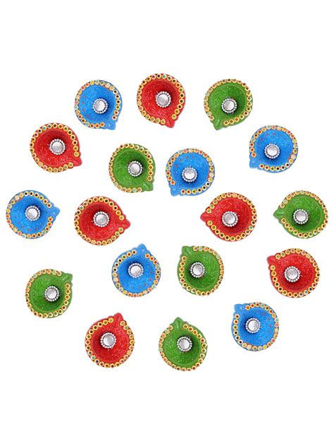 Buy | Hand Painted Clay Diya with Pearls - Set of 18 | Tied Ribbons