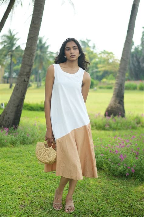 Serres - White and Mustard Cotton Poplin Contrast Dress