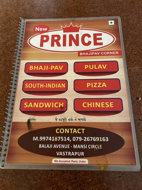 Menu at New Prince Bhaji Pav, Ahmedabad, 1,2, Balaji Avenue, Premchand ...