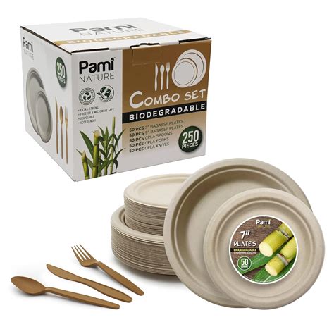 PAMI 250-Piece Biodegradable Dinnerware Set With 100 Bagasse Plates, 50 ...