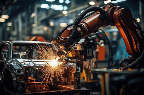 Robotic arms work on a car in a factory, an example of industrial AI