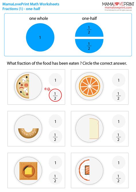 MamaLovePrint . K3 Math Worksheets .Fractions (one-half, one-third, one ...