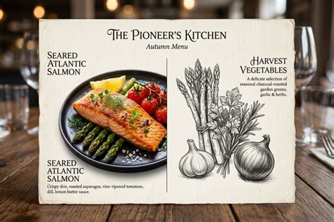 A rustic restaurant menu showing a photo of seared salmon and a hand ...