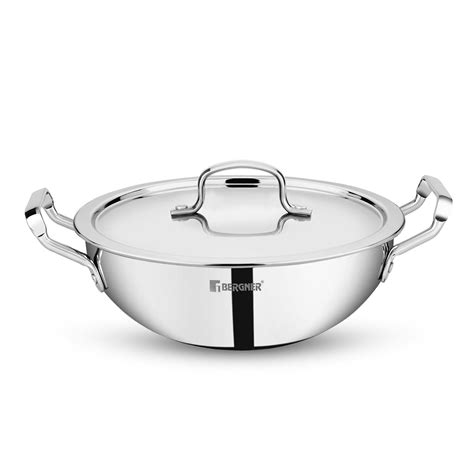 Bergner TriPro TriPly 22 cm Deep Kadai, 2.5 L Capacity, Stainless Steel ...