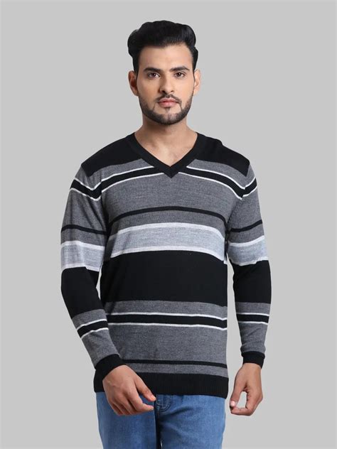 Men Blue Tailored Fit Stripe Cotton Full Sleeve V Neck Collar Sweaters ...