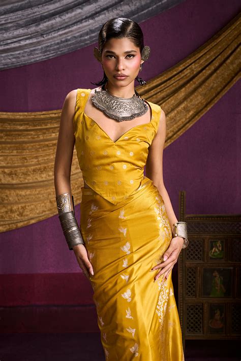 Mustard Yellow Satin Handloom Weaving Silk Ready to Wear Online Saree