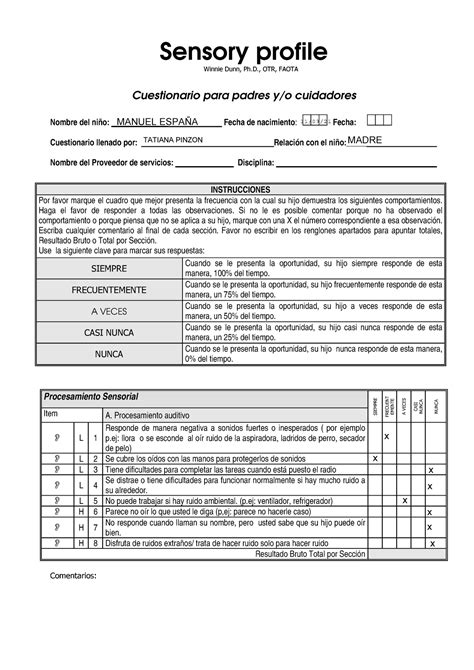 Sensory profile 2 - Sensory profile Cuestionario para - Studocu