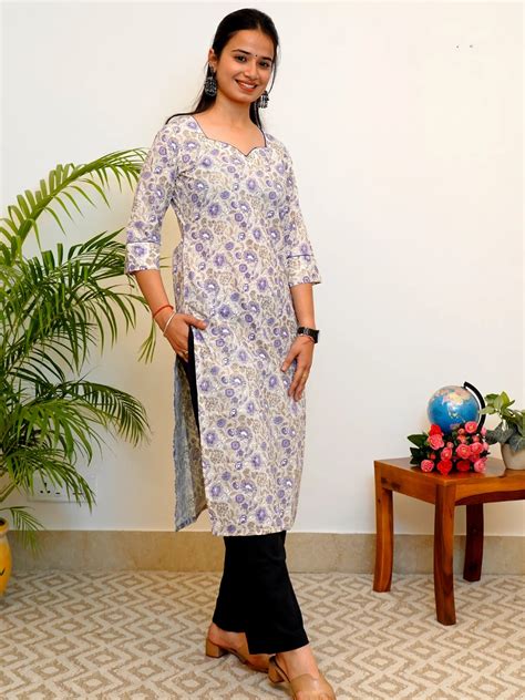 White n Purple Floral COTTON Kurta – BaSaKa