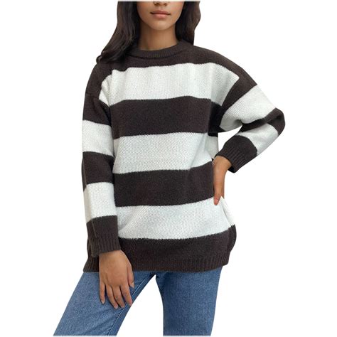 Fall Winter Sweater for Women Plus Size Casual Loose Long Sleeve Strip ...