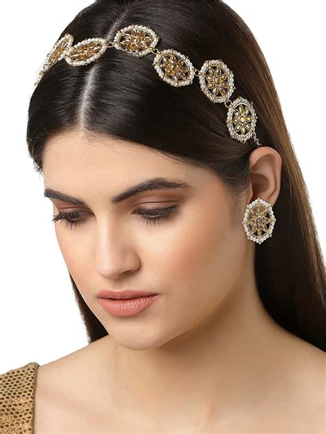 Karatcart Gold-Plated White Kundan-Studded Handcrafted Hairband with E