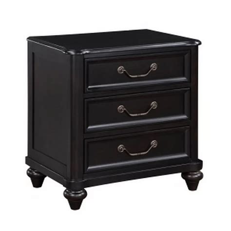 Vix 27 Inch Nightstand, 3 Drawers, Molded Design Pewter Drop Handles, Black