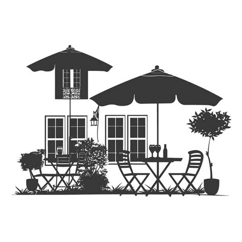 Silhouette cafe front yard with umbrellas in the city black color only ...