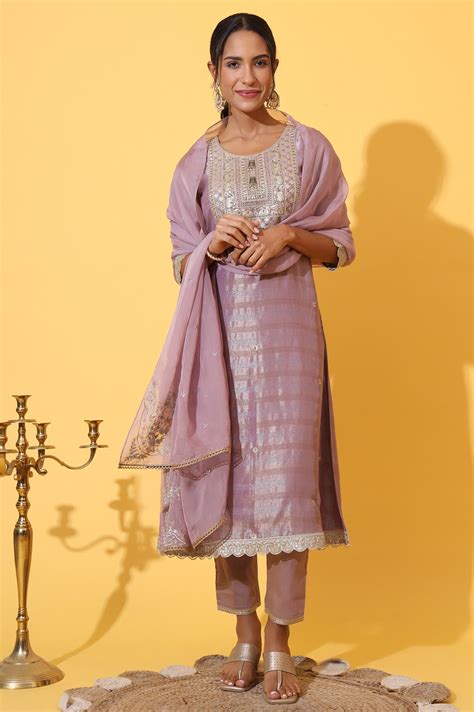 Buy Purple Embroidered A-line Kurta and Trousers Set with Dupatta ...