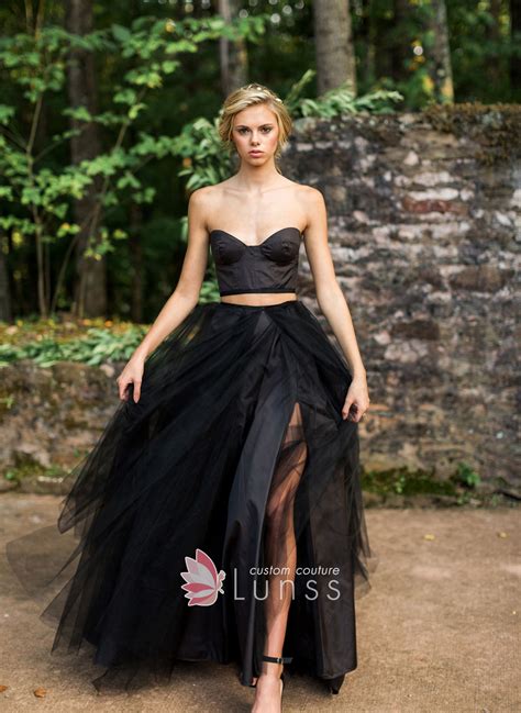 Black Swan Satin and Tulle Slit Destination Wedding Dress - Lunss