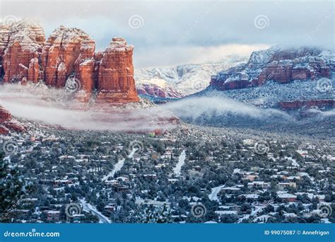 Snow Highlights Sedona Roads and Rock Layers of Red Mountains Stock ...