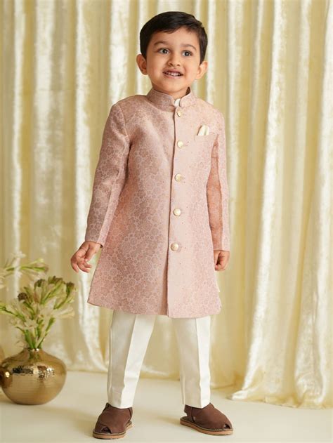 Pink Brocade Viscose Sherwani Set- Set of 4