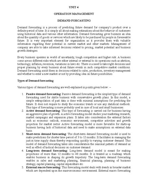 Demand Forecasting in Operation Management - UNIT 4 Overview - Studocu