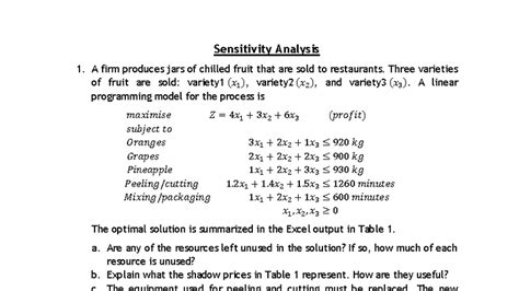 Sensitivity Analysis - Prob 1: Fruit Jar Production Model - Studocu
