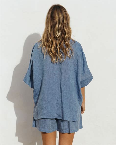 High Waisted Linen Shorts CUENCA in Denim Chambray | MagicLinen