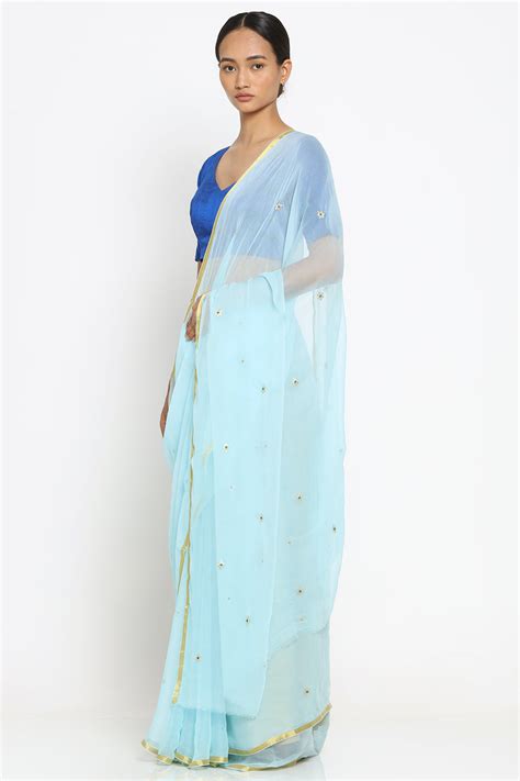 Sky Blue Chiffon Pittan-Work Saree – Via East