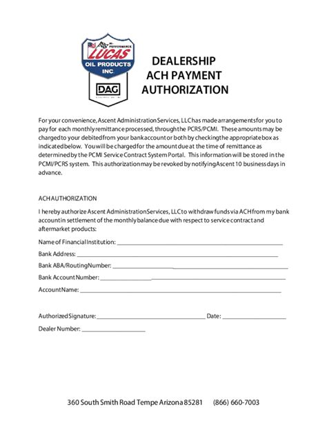 Fillable Online Ach Payment Authorization for Dealerships Fax Email ...