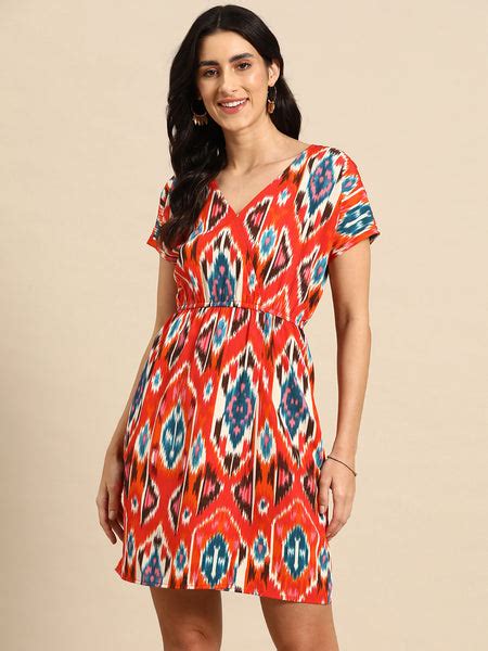Buy Overlap printed kimono sleeve short dress in Red Ikkat Print for Women
