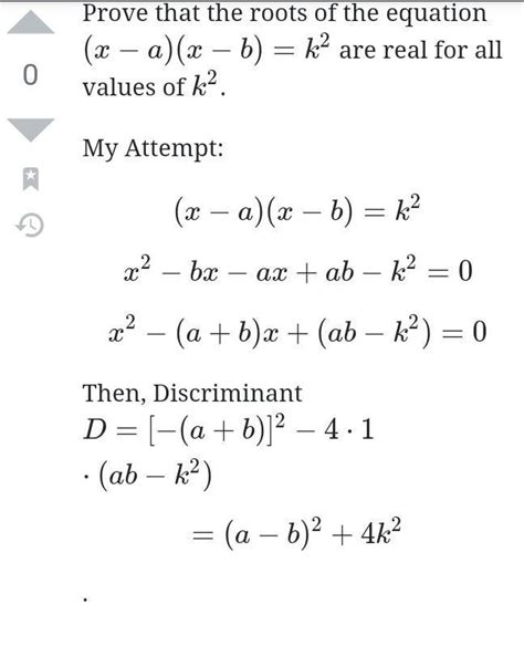 prove that the roots of the equation (x-a)(x-b)=k² are real for all ...