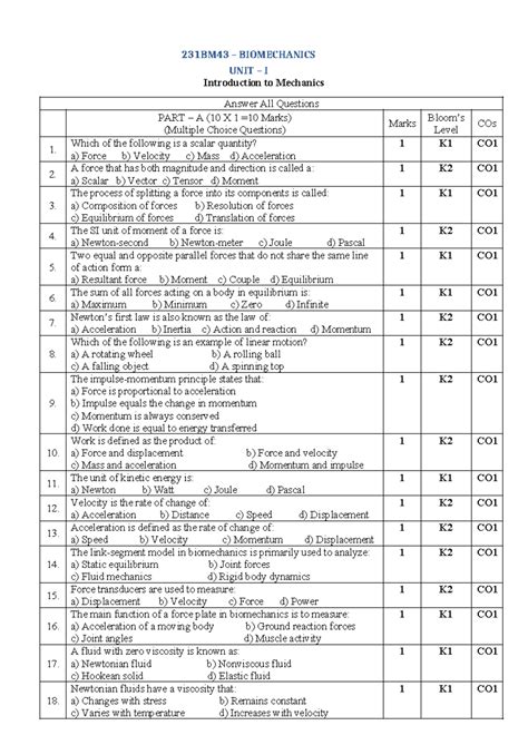 231BM43 BIOMECHANICS Question Bank for Unit I and II Exam Preparation ...