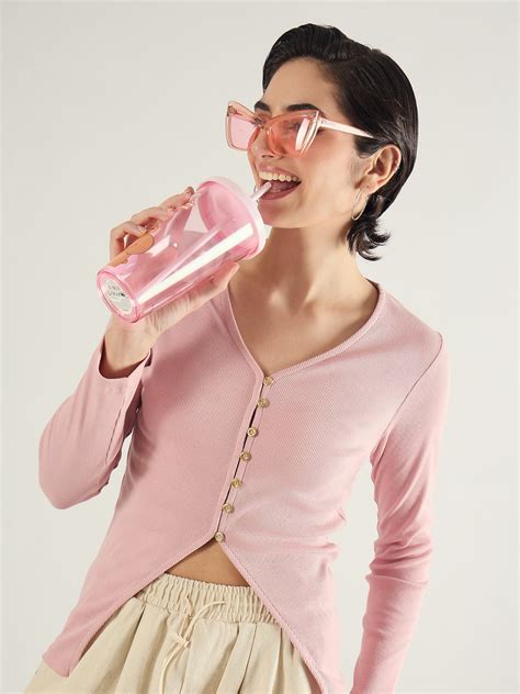 Buy Women Pink Rib Button Down Regular Top Online at Best Price - Sassafras