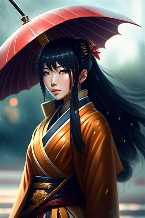 Lexica - Anime samurai girl standing in the rain wearing traditional ...