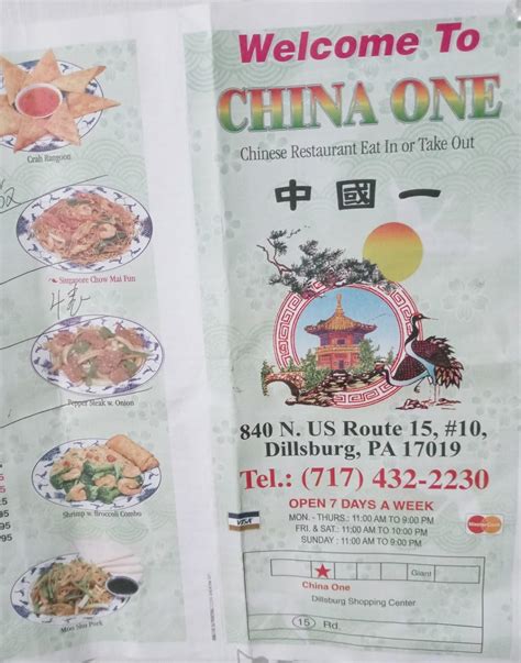 Menu at China One restaurant, Dillsburg, 840 N U.S. 15