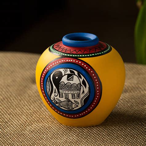 15.2 cm Terracotta Handpainted Yellow Matki Shaped Vase In Yellow ...
