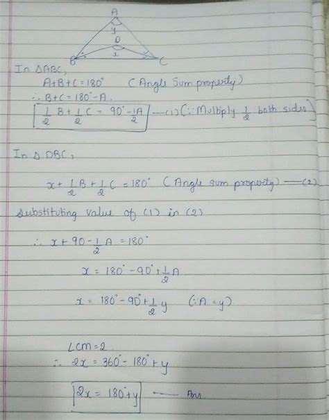 In triangle ABC of the figure , BD and CD are internal bisectors of ...