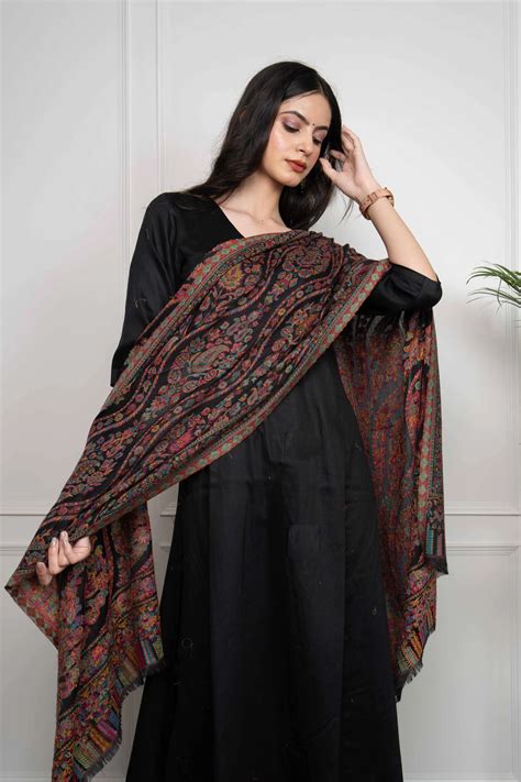 Black Kani Wavy Floral Fine Wool Silk Blend Stole/Scarf