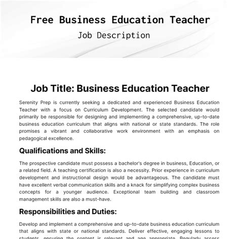 Free Business Education Teacher Job Description Template to Edit Online
