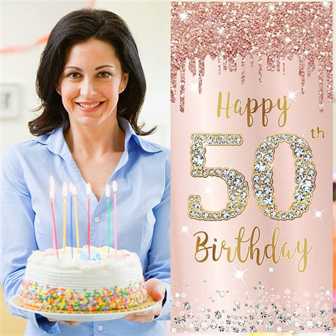 Buy Happy 50th Birthday Door Banner Decorations for Women, Pink Rose ...