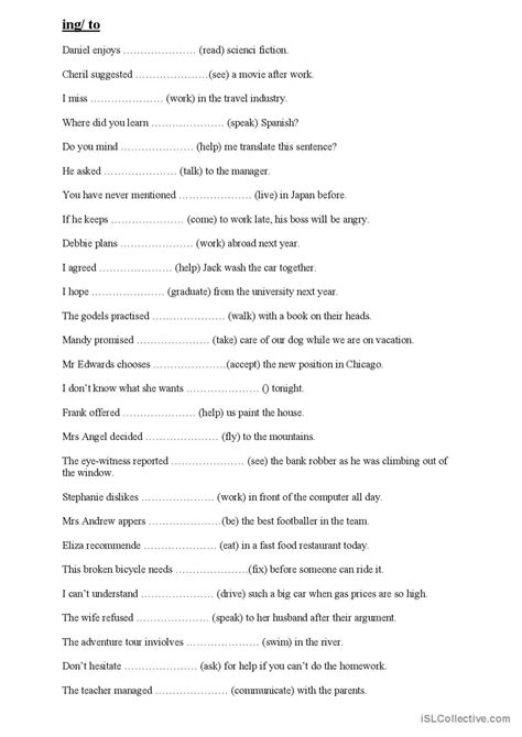 to verb OR verb + ing: English ESL worksheets pdf & doc