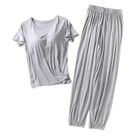 2 Piece Soft Modal Pajamas Set Womens Short Sleeve Built in Bra ...