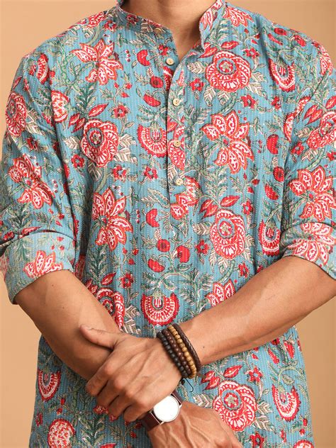 Men's Blue And Red Floral Printed Cotton Kurta – vastramay