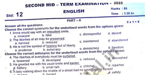 12th English Second Mid-term test Question Paper | Answer Key 2023
