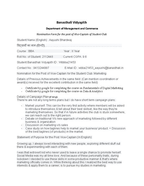 Nomination Notice SAFT - Banasthali Vidyapith Department of Management ...