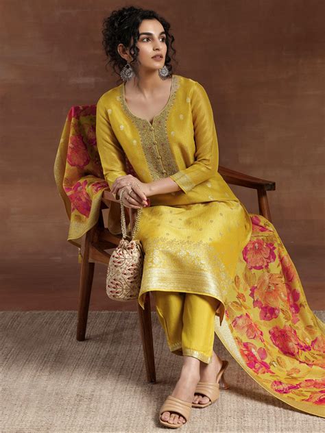 Buy Mustard Woven Design Chanderi Silk Straight Suit With Dupatta ...