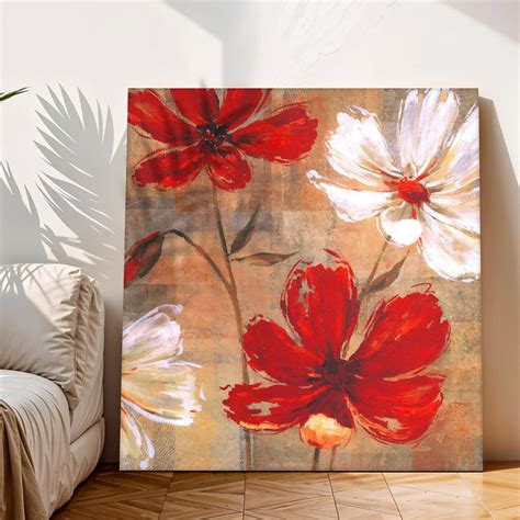 White and Red Flowers Abstract Art Print, Floral Large Decorative Canv ...