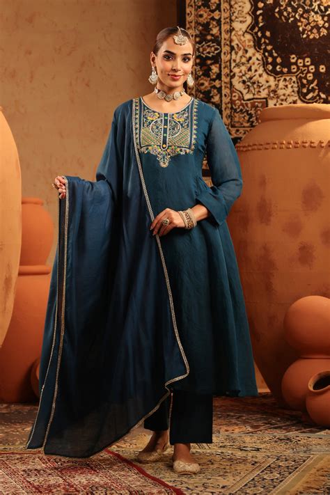 Teal Mul Chanderi Hand Embroidered Anarkali Suit Set – SCAKHI