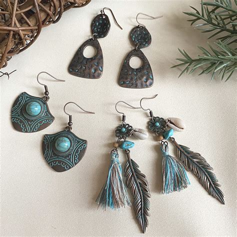エスニック ピアス ターコイズ フェザー フリンジ ブロンズ ポリネシアン アンティーク 3個セット ボヘミアン ネイティブ ナチュラル 真鍮 ...