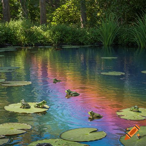 Green frogs in a shimmering rainbow pond with lily pads, surrounded by ...