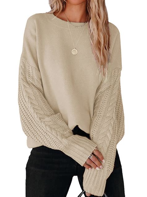 absuyy Sweaters for Women Clearance Knit Crewneck Fashion Long Sleeve ...