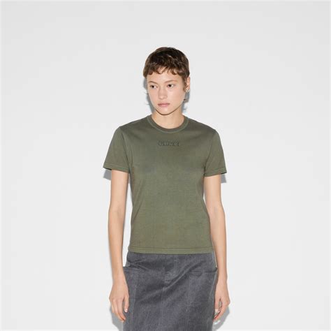 Embroidered cotton jersey T-shirt in dark green | GUCCI® US