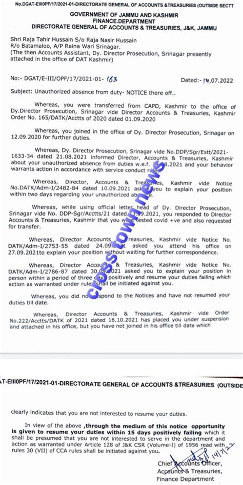 J&K Govt issue notice to Govt Employee for un authorised absence